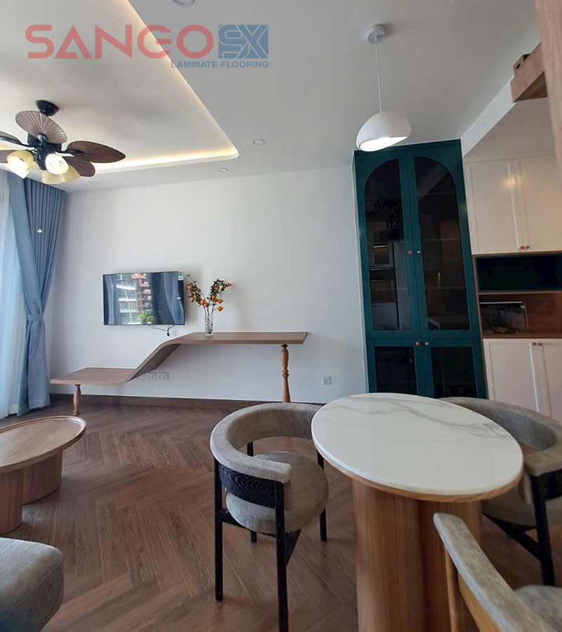 Mẫu sàn gỗ công nghiệp xương cá cốt xanh màu óc chó